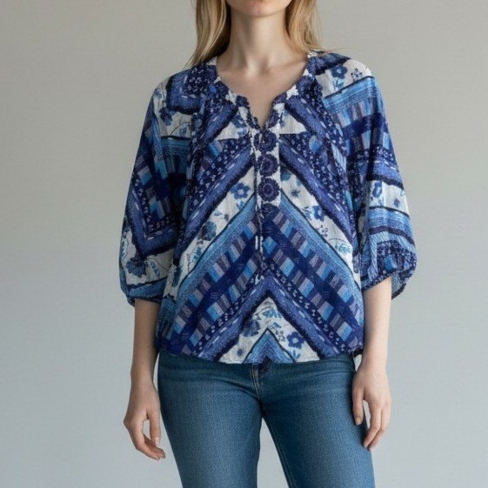 Olive‎ Hill Sheer Tunic Blouse Small Blue Peasant Boho Anthropologie Style
